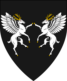 Sable, two winged stags combatant argent