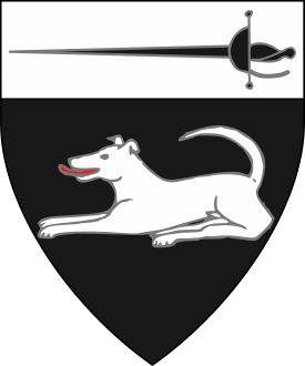 Sable, a dog couchant and on a chief argent a rapier sable