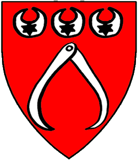 Gules, a pair of calipers and in chief three crescents argent each crescent charged with a mullet of six points sable